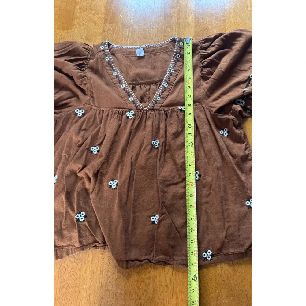 Old Navy Women Rust Brown Floral Embroidered Babydoll V-Neck Blouse Top Sz Large